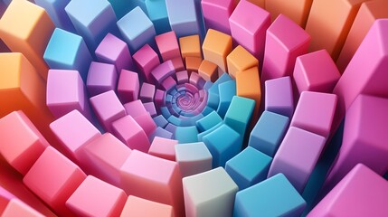 3D render of a vibrant, spiraling array of colorful cubes with a gradient color scheme.