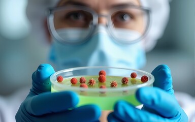 Scientist in protective gear closely examining bacterial and viral cultures in a petri dish held with blue gloves. High quality