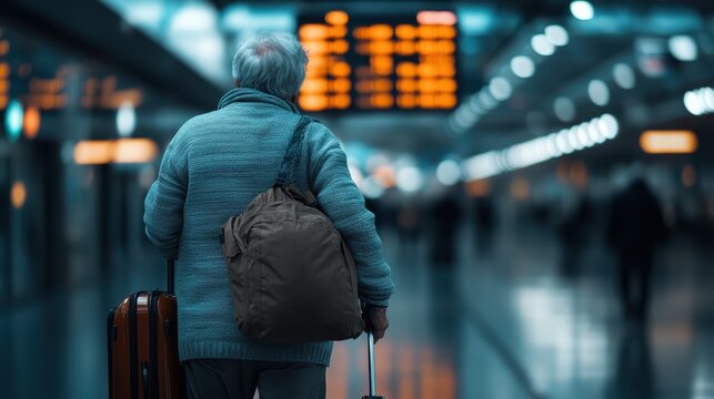 An elderly traveler stands at an airport with a suitcase, embodying the spirit of adventure and exploration, representing the journey of life and new experiences.