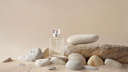 A clear glass perfume bottle sits atop stones on beige sand