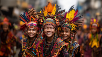 Fototapeta premium Boys in Feathered Tribal Headdresses and Traditional T'nalak Festival Outfits Smiling in Parade Celebrating Indigenous Culture in the Philippines