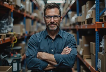 Fototapeta premium Confident man in a storage area wearing safety glasses and a blue shirt