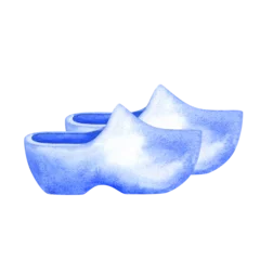 Gordijnen Hokusai The Great Wave Sabots in blue-and-white Delftware style, classic ceramic art. Perfect for souvenirs, postcards, kitchen decor, or branding with a nostalgic, romantic  © el_suhova