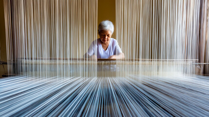 T'nalak Weaver Working Behind Loom with Threads in Focus, Showcasing Precision and Traditional Indigenous Weaving Techniques in the Philippines