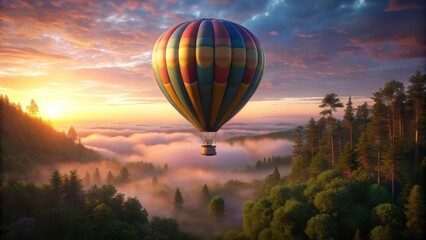 Naklejka premium Macro Dusk Hot Air Balloon Photography: Colorful Balloon Above Treetops, Gentle Clouds