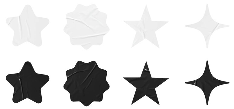 Set of vector black and white stars paper stickers mockup. Blank labels of different shapes, Wrinkled paper emblems. Copy space. Stickers or patches for preview tags, labels