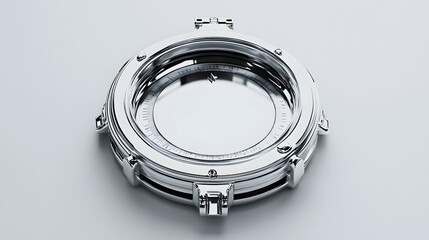 3D render of a circular, silver instrument with a blank face, set against a gray background.