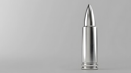 3D render of a polished silver-colored bullet against a neutral gray background.