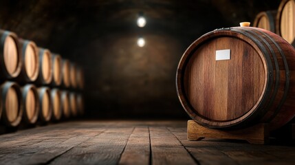A solitary wooden barrel is prominently featured in a rustic wine cellar, creating an inviting atmosphere, highlighting the craft of aging fine wines and the beauty of simplicity.