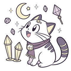 Vector illustration of a Excited Cat with with a scarf, styled in a Starlight Ball theme using Lunar Elegance colors