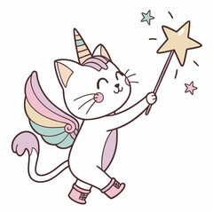 SVG art: A Playful Cat in a Unicorn Dreams vibe with with a rainbow kite, tinted with Unicorn Dreams tones