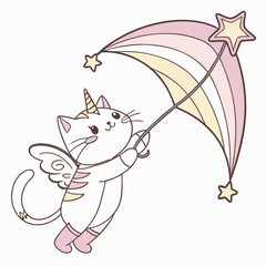 SVG art: A Playful Cat in a Unicorn Dreams vibe with with a rainbow kite, tinted with Unicorn Dreams tones