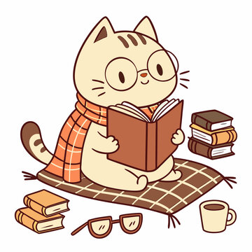Naklejki Dreamy Cat with reading a book, set in a charming Bookworm Day theme – Cozy Reading color vector art