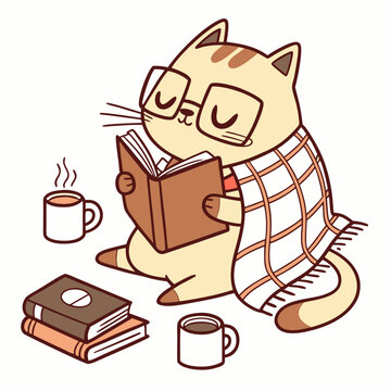 Naklejki Dreamy Cat with reading a book, set in a charming Bookworm Day theme – Cozy Reading color vector art