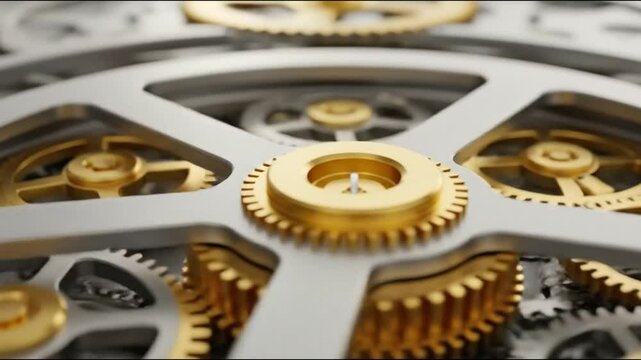 Close up of intricate clockwork mechanism with golden and silver gears in motion and precise engineering