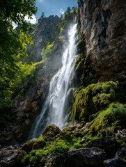 A Mountain Waterfall That Cascades Down A Cliff