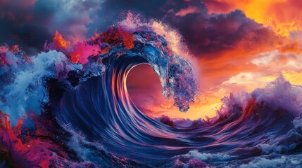 A vivid ocean wave like none other. Colors blend seamlessly in a dramatic sunset. Feel the motion of nature captured in this beautiful moment. Generative AI