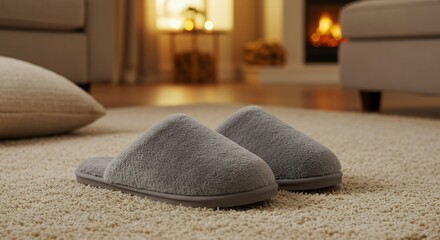 Cozy Grey Slippers Resting on a Plush Beige Carpet by a Warm Fireplace