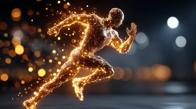 Glowing digital runner sprinting through a dark futuristic space