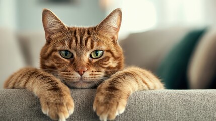 This close-up portrait features a relaxed ginger cat lounging on a cozy couch, showcasing its striking green eyes and capturing the essence of tranquility and contentment.