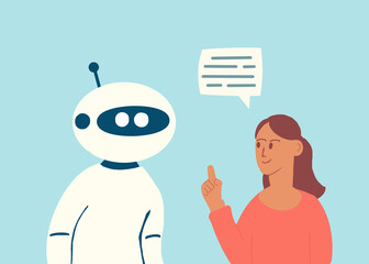 Illustration of a woman chatting with a robot featuring artificial intelligence
