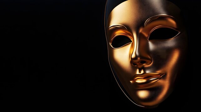 3D render of a golden mask with dark eyes set against a black background.