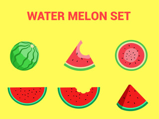 Vibrantly Illustrated Watermelon Set Composition Featuring Various Slices and Whole Fruit on Bright Yellow Background
