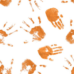 A striking pattern of handprints on a white background, creating a bold and dramatic visual effect.