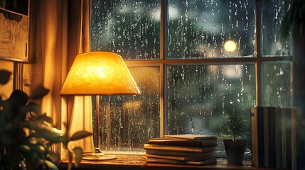 Raindrops sliding down windowpane, warm lamp glow inside.