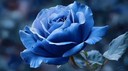 Enchanting stylized blue rose art piece on a delicately soft focused backdrop enhancing its mesmerizing form and symbolic allure for refined artistic messages