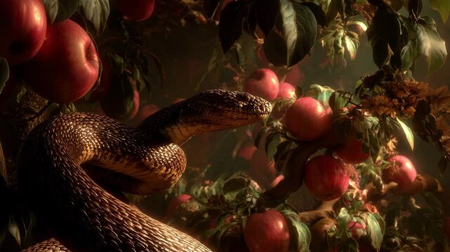 Photorealistic depiction of a serpent entwined in a lush tree laden with red apples, evoking themes of temptation and knowledge from the Biblical story of Genesis. Serene, mystical, thought-provoking.