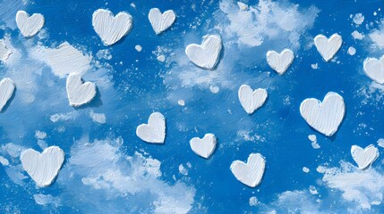 A vivid skyblue backdrop with meticulously painted alabaster hearts evoking optimism, warmth, and elegant visual expression