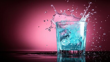 A stunning visual of ice cubes splashing into a glass of water, with dynamic reflections and vibrant colors that highlight the refreshing essence of hydration and stimulation.