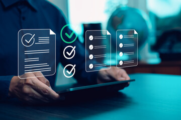 checklist and clipboard task documentation management, business people working laptop checklist...
