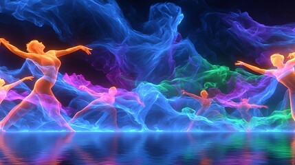 Ethereal dancing figures glowing in vibrant colors over reflective water