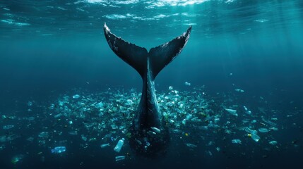 A striking image of a whale's tail rising above a sea of plastic waste, showcasing the alarming intersection of beauty in nature and the dire consequences of ocean pollution.