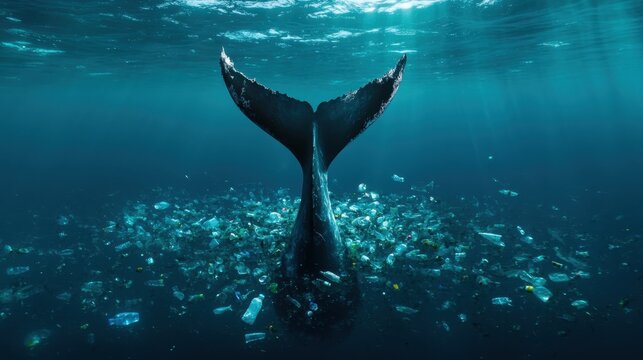 A striking image of a whale's tail rising above a sea of plastic waste, showcasing the alarming intersection of beauty in nature and the dire consequences of ocean pollution.