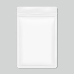 Resealable sachet bag mockup with zip lock and tear notch. Realistic vector illustration isolated on grey background. Flat lay view. Packaging for cosmetic, food, pet. Ready for your design. EPS10. © realstockvector