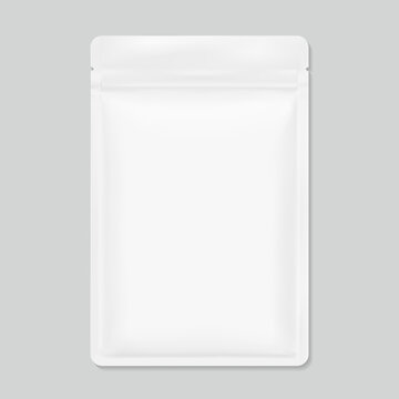 Resealable sachet bag mockup with zip lock and tear notch. Realistic vector illustration isolated on grey background. Flat lay view. Packaging for cosmetic, food, pet. Ready for your design. EPS10.