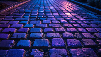 Fototapeta premium Cobblestone street illuminated with purple and blue lights at night