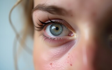 Close up of an adult woman having conjunctivitis, or pink eye caused by bacteria. High quality