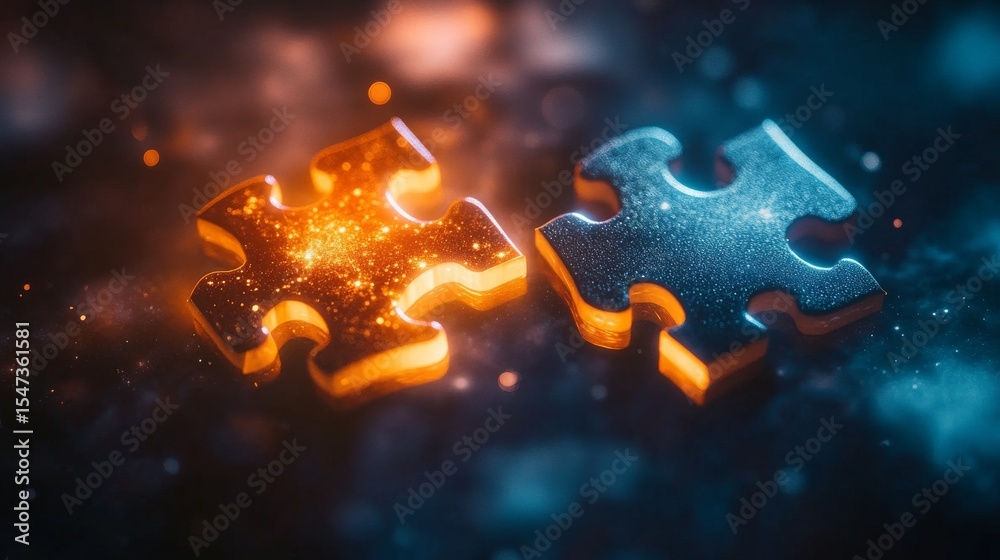 Sticker a stunning image of two vibrant puzzle pieces glowing in an abstract background. connection is key. 