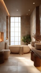Fototapeta premium Natural Stone Elegance Modern Bathroom Design With Plants