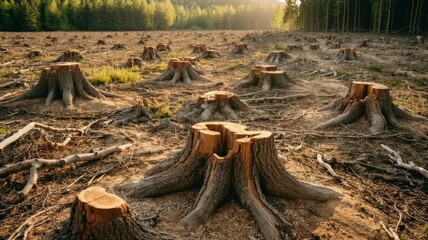 Fototapeta premium Deforested Landscape with Tree Stumps and Forest in the Background