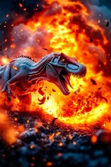 A dinosaur with its mouth open in front of a fiery explosion