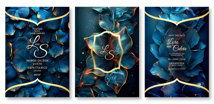 Luxury blue floral wedding invitation template, business brochure template, flyer design, universal background, versatile vector background, creative brochure template, party invitation template