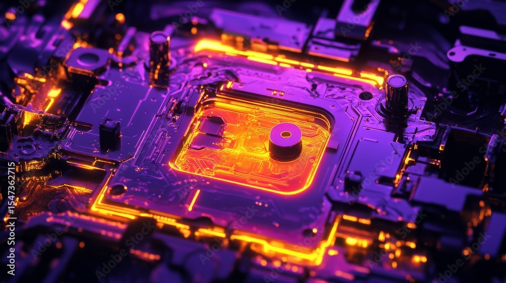 Fototapete a detailed close-up of a vibrant microchip highlighting intricate circuitry. bright purple and orang