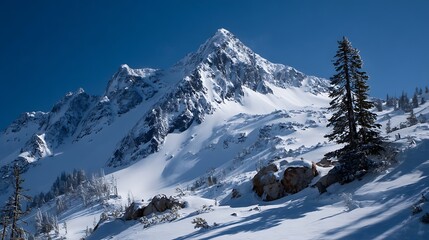 Fototapeta premium A scenic view of a snow covered mountain range with trees under a clear blue sky on a sunny day