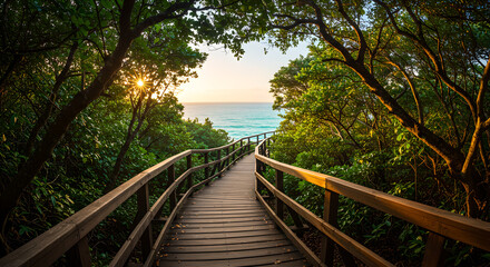 Fototapeta premium Wooden boardwalk or walkway to sea on beach. Summer outdoor pier. Path, way to water