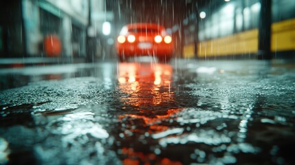 A vivid image captures a red car parked under the rain, reflecting the urban environment on the wet pavement, conjuring feelings of solitude and beauty.